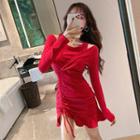 Mock Two-piece Drawstring Long-sleeve Mini T-shirt Dress