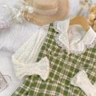 Set: Collared Lace Blouse + Plaid Midi A-line Overall Dress