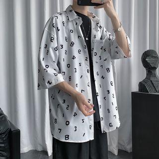 3/4-sleeve Number Print Shirt