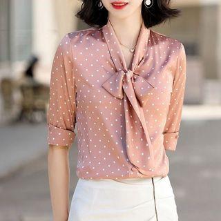 Short-sleeve Tie-neck Dotted Blouse / Skirt