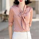 Short-sleeve Tie-neck Dotted Blouse / Skirt