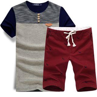 Set: Color Panel Short Sleeve Henley T-shirt + Drawstring Shorts
