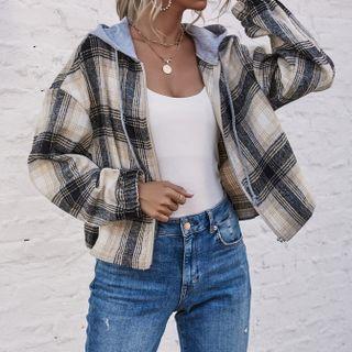 Plaid Cropped Zip-up Hoodie
