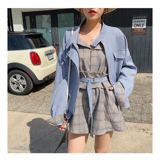 Set: Plaid Sleeveless Pinafore Jumpsuit + Plain Drawstring Waist Jacket