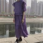 Short-sleeve Floral Chiffon Dress Purple - One Size