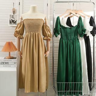 Off-shoulder Smocked Midi Shirtdress