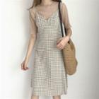 Set: Plain Short-sleeve T-shirt + Check Slipdress