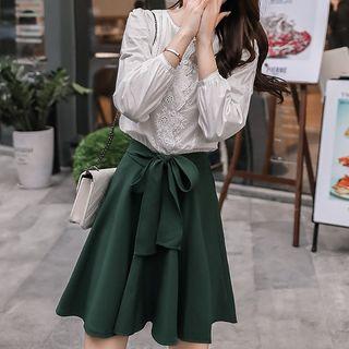Set: Embroidered Blouse + Tie Waist A-line Skirt