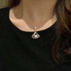 Rhinestone Faux Pearl Fan Pendant Necklace Gold - One Size
