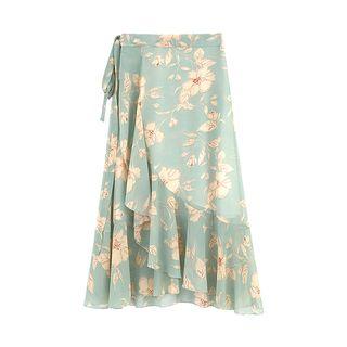 Floral Chiffon Ruffled A-line Midi Wrap Skirt
