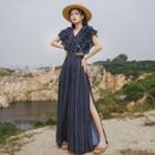 Short-sleeve Ruffled Patterned Wide Leg Jumpsuit