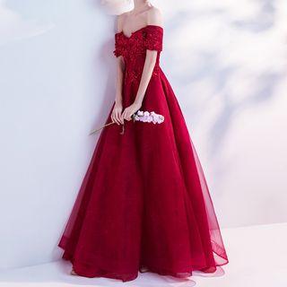 Applique Short-sleeve Off-shoulder A-line Evening Gown