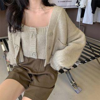 Rhinestone Bow Knit Cropped Camisole Top / Cardigan