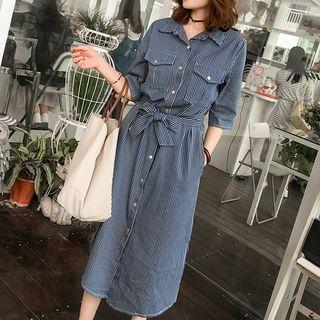Striped 3/4 Sleeve Midi Shirt Dress