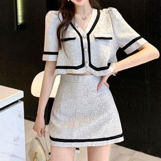 Set: Elbow-sleeve Contrast Trim Jacket + Mini A-line Skirt