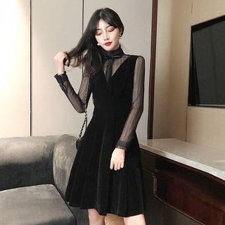 Set: Lettuce Edge Long-sleeve Mesh Top + Velvet Pinafore Dress