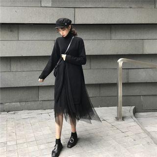 Plain Mock-neck Knit Top / Mesh Skirt