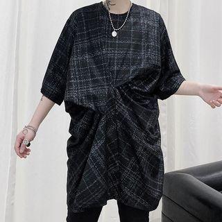 Plaid Elbow-sleeve Twist T-shirt