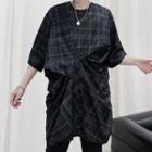 Plaid Elbow-sleeve Twist T-shirt