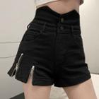 High-waist Side-slit Zip Denim Shorts