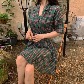 Plaid Double Breasted Short-sleeve Dress Green - One Size