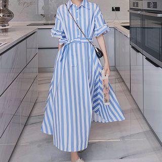 Short-sleeve Striped Tie-waist Midi A-line Shirtdress