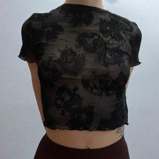 Printed Mesh See Through Ruffled Trim Short Sleeve Top