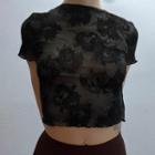 Printed Mesh See Through Ruffled Trim Short Sleeve Top