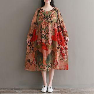 Long-sleeve Print Midi Shift Dress Emerald - One Size