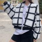 Checkered Fluffy Zip Jacket Black & White - One Size