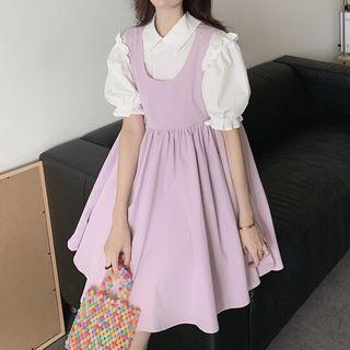 Puff-sleeve Ruffle Trim Blouse / Mini A-line Overall Dress