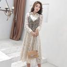 Set: Leopard Print Camisole Top + Long-sleeve A-line Midi Lace Dress