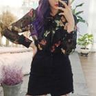 Long Sleeve Floral Printed Sheer Blouse Black - One Size