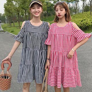 Short-sleeve Cold Shoulder Plaid Dress