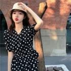 Set: Dotted Short-sleeve Top + Midi A-line Skirt