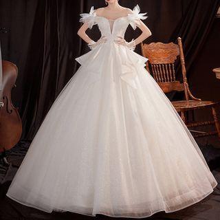Short-sleeve Off-shoulder Ruffled A-line Wedding Gown