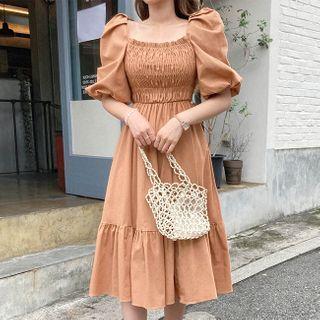 Puff-sleeve Smocked-panel Dress Brown - One Size