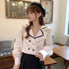 Long-sleeve Double-breasted Frill Trim Blouse