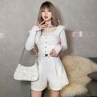 Cap-sleeve Fluffy Panel Buckled Romper