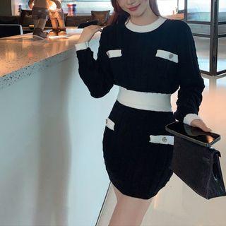 Set: Contrast Trim Sweater + Mini Pencil Skirt