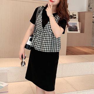 Set: Short-sleeve T-shirt Dress + Plaid Tank Top