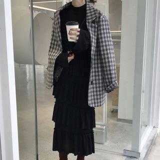 Single-breasted Plaid Blazer / Long-sleeve Midi Tiered Skirt