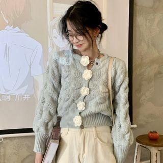 Long-sleeve Flower-accent Button-up Sweater Cardigan