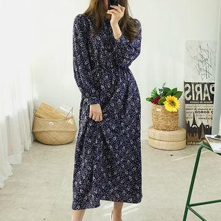 Tie-neck Gathered-waist Floral Maxi Dress