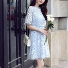 Set: Crochet Lace Short-sleeve A-line Dress + Strappy Dress