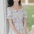 Puff-sleeve Lace-up Floral Midi A-line Dress