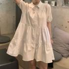Plain Puff-sleeve Tiered Mini A-line Shirtdress