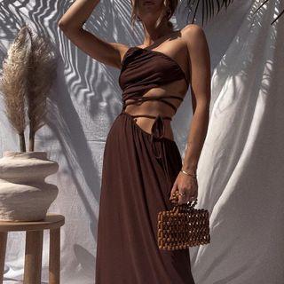 One-shoulder Cut-out Lace Up Maxi A-line Dress
