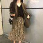 Plain Blazer / Floral Print Midi A-line Skirt / V-neck Knit Top