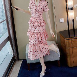 Strawberry Print Short-sleeve Layered Midi A-line Dress